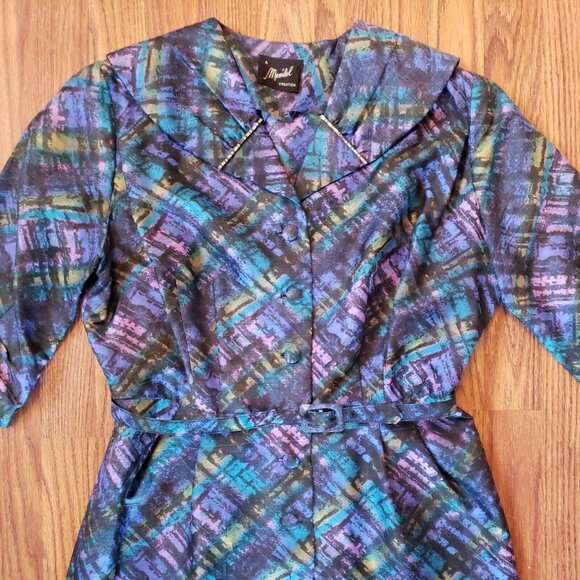 Vintage Wiggle Dress Sz 16 Belted Pin Up Brutalist Peacock Blue Jeweled Collar - Picture 4 of 16